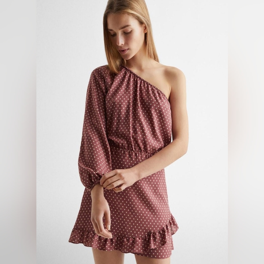NWT Mango MNG Asymmetrical One-Shoulder Ruffle Dress Dusty Rose Teen Girl XS